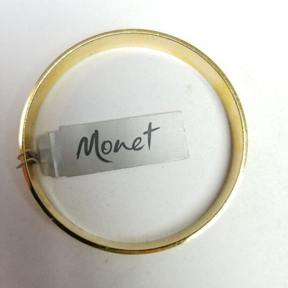 Vintage Monet Gold Tone Bangle Bracelet, Etched Design, Hang Tag, Estate - Picture 1 of 7